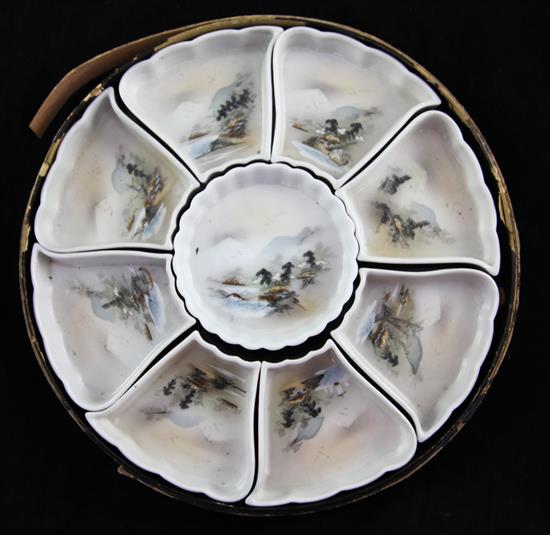 A Japanese lacquered boxed porcelain supper set, c.1900, total diam.31.5cm
